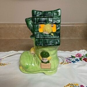 Vintage Boot Nursery Lamp Green Ceramic Works Old Woman Who Lives In A Shoe.